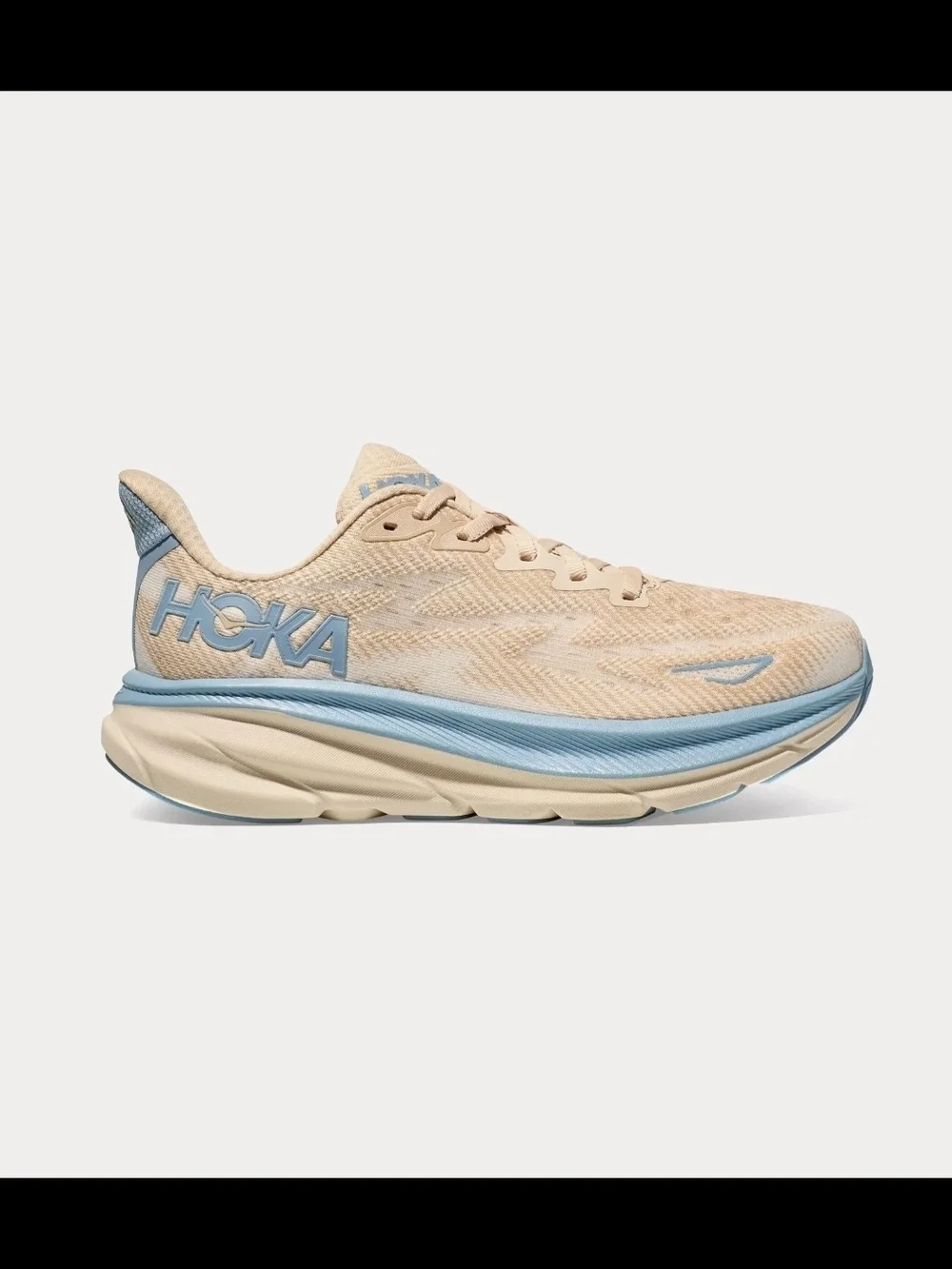 Hoka Women's Clifton 9 Running Shoe - Beige & Light Blue Accent